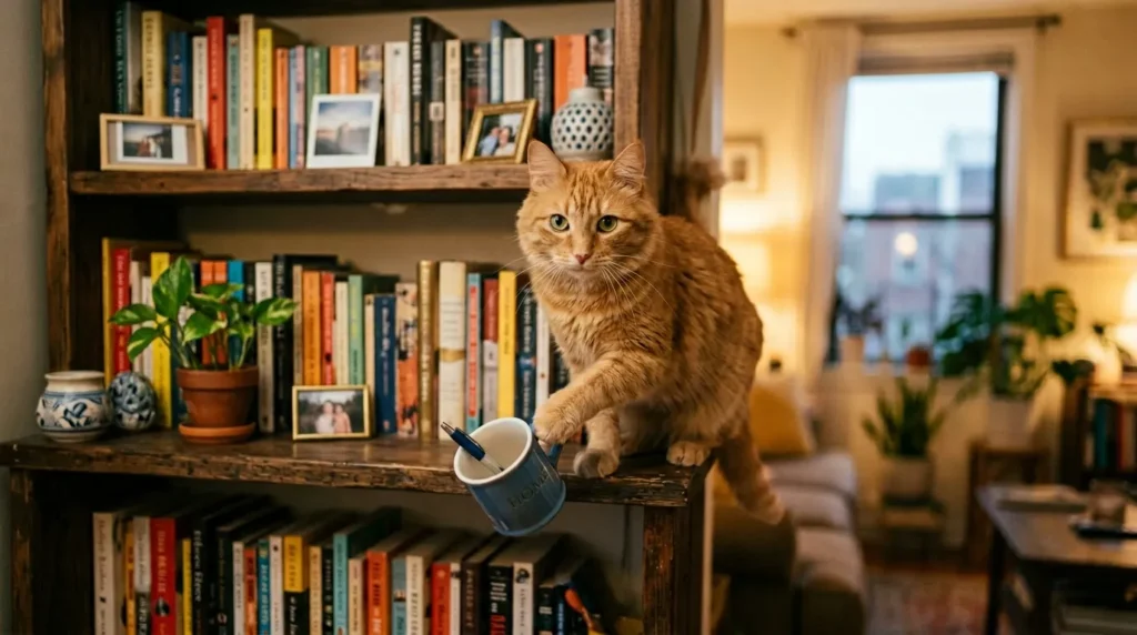 indoor cat attention signs — cat knocking items off a shelf in an apartment looking for owner reaction