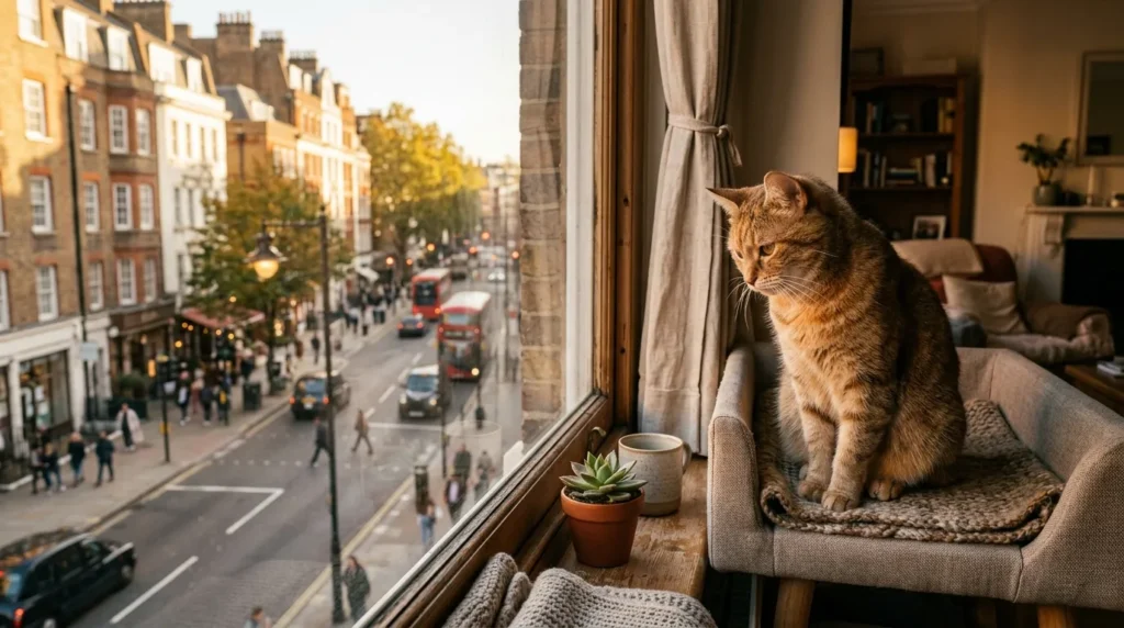 indoor cat attention needs vs outdoor cat — cat looking out apartment window at the street below
