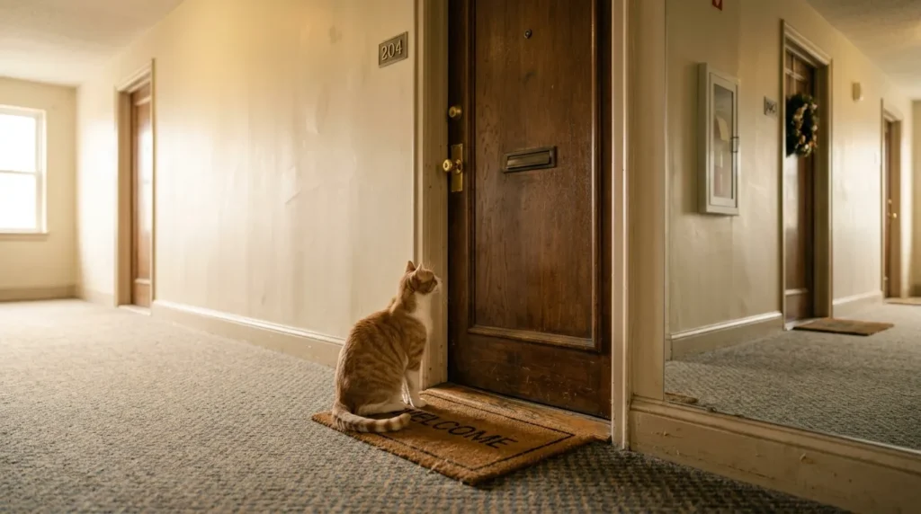 indoor cat home alone — cat sitting by apartment door waiting for owner to return from work