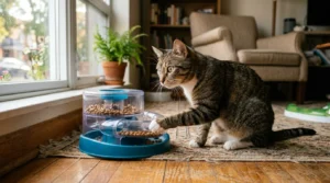  indoor cat home alone enrichment — tabby cat using a puzzle feeder on apartment floor during the day