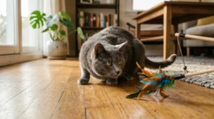 indoor cat attention needs — gray cat crouched in hunting position watching a wand toy on apartment floo