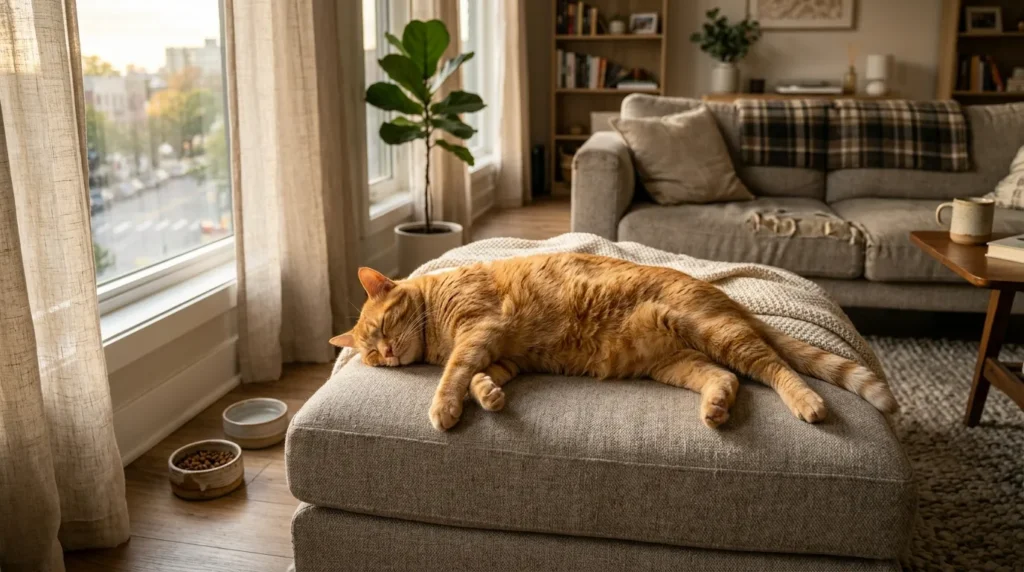 indoor cat calorie needs activity level — chubby orange cat lounging on apartment sofa near food bowl in afternoon light
