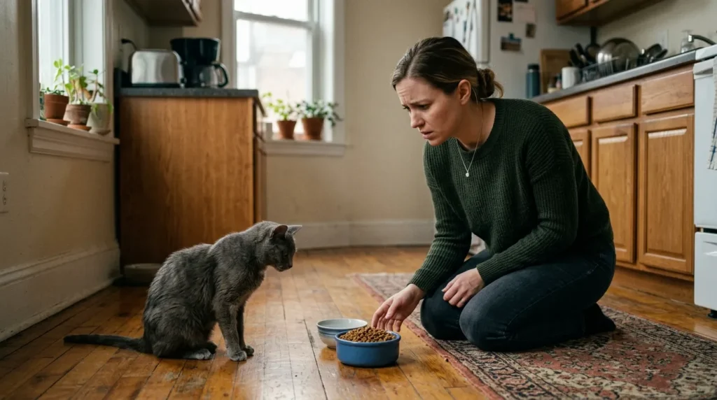 indoor cat appetite change warning sign — worried owner beside untouched food bowl with thin cat sitting nearby in apartment