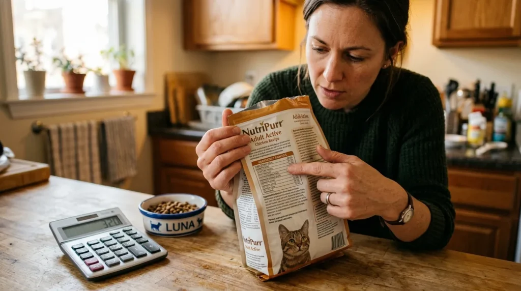 reading cat food label daily portion — owner pointing at nutrition label on cat food bag next to bowl and calculator in kitchen