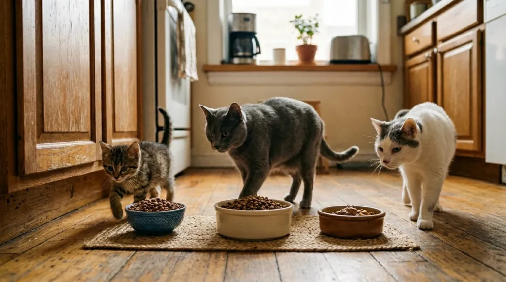 indoor cat daily food amount life stages — kitten adult and senior cat each at their own portioned bowl in apartment kitchen