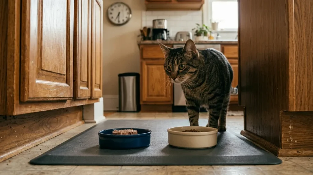 indoor cat daily meal frequency — two portioned bowls on kitchen mat with clock in background and approaching tabby cat
