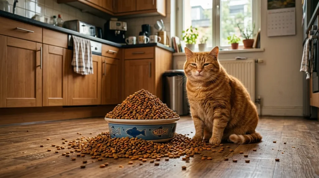 indoor cat overfeeding mistake — overflowing food bowl on apartment floor with overweight orange cat beside it