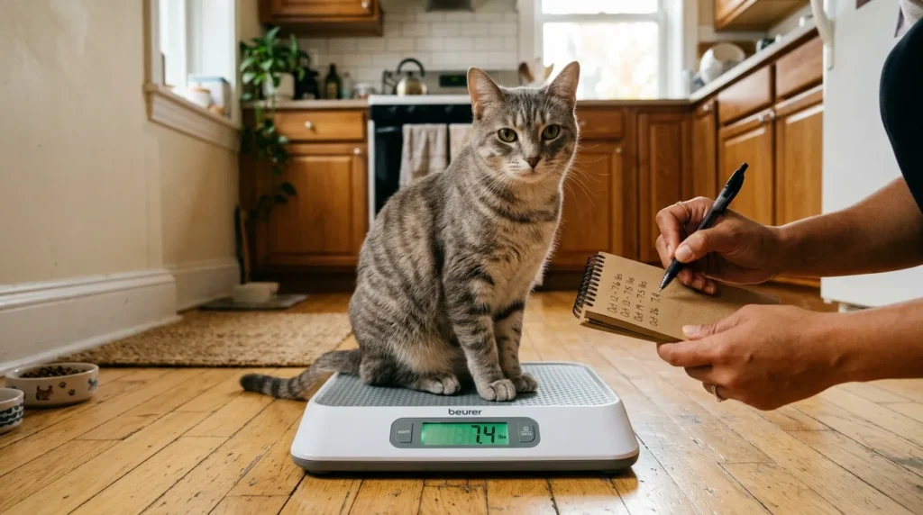 how much indoor cat eat per day by weight — tabby cat sitting on digital scale in apartment kitchen while owner notes weight