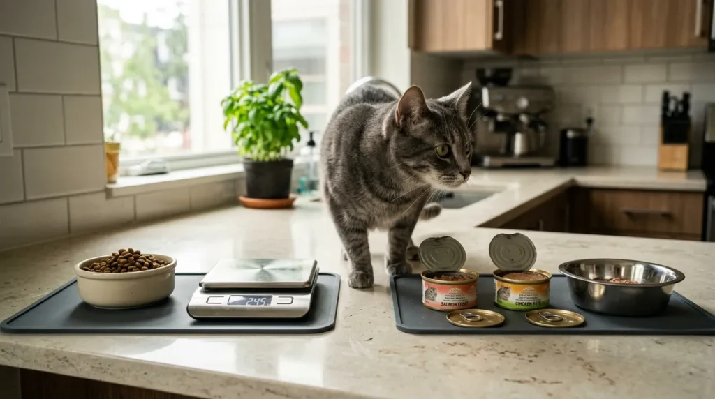 wet food vs dry food indoor cat daily amount — dry kibble on scale and wet food cans side by side with cat looking between them