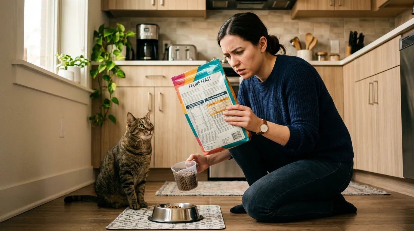 how much should indoor cat eat per day — owner measuring food from bag into bowl while cat waits beside it in apartment kitchen