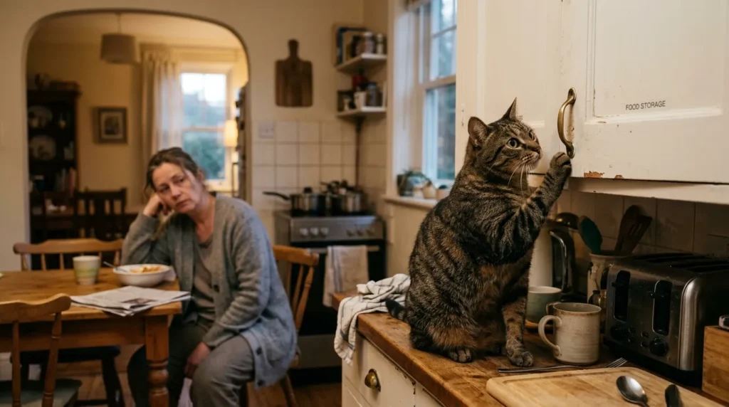 indoor cat appetite change warning — worried owner beside untouched food bowl with thin disinterested cat in apartment