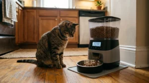 how often feed indoor cat by life stage — kitten adult and senior cat at separate feeding stations in apartment kitchen