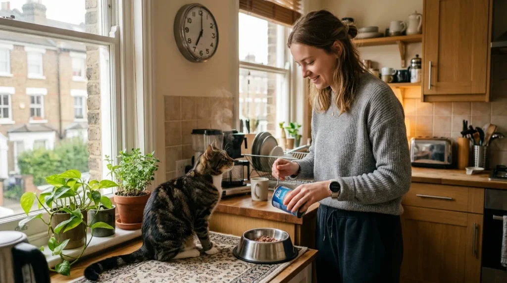 indoor cat daily feeding schedule — owner serving morning meal to tabby with wall clock showing 7am in apartment kitchen