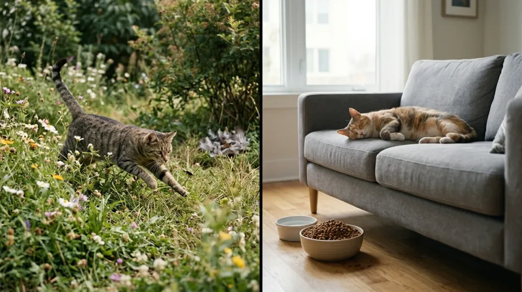 indoor cat feeding frequency matters — outdoor cat hunting vs indoor cat on sofa beside full food bowl comparison