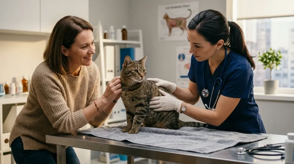 indoor cat feeding frequency health weight — vet checking body condition score of tabby cat while owner watches in clinic