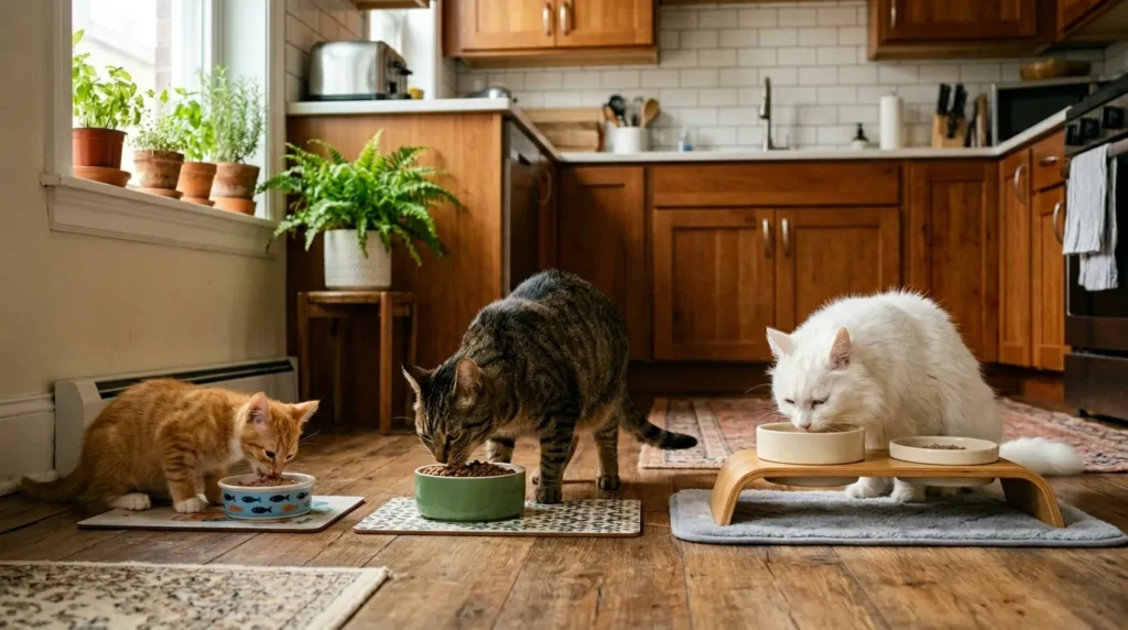 how often feed indoor cat by life stage — kitten adult and senior cat at separate feeding stations in apartment kitchen