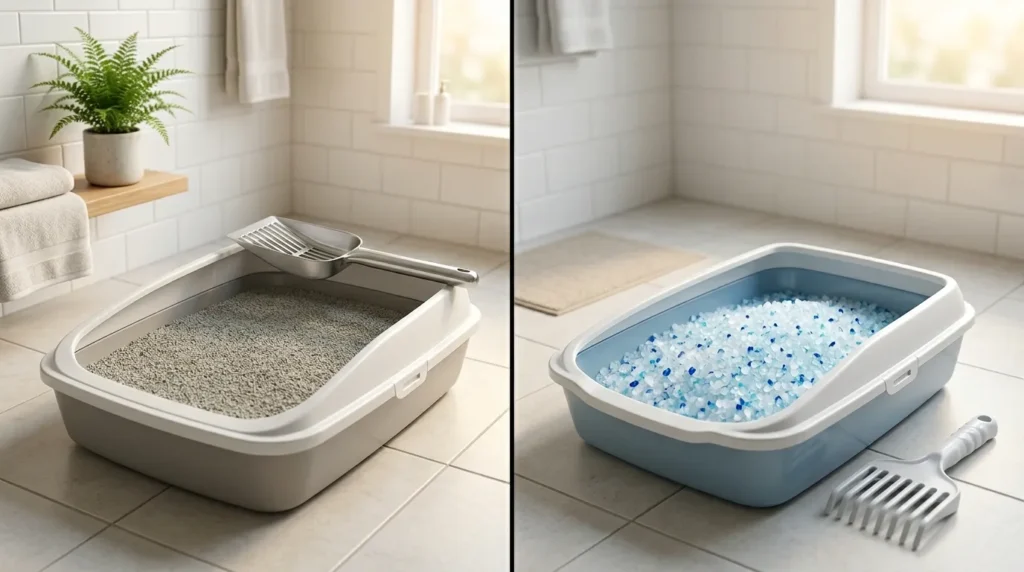 litter box scooping frequency by litter type — side by side comparison of clumping clay and crystal litter boxes showing maintenance difference