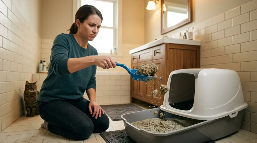litter box scooping mistakes — owner using a plastic scoop that is bending under pressure and missing clumps in an apartment bathroom