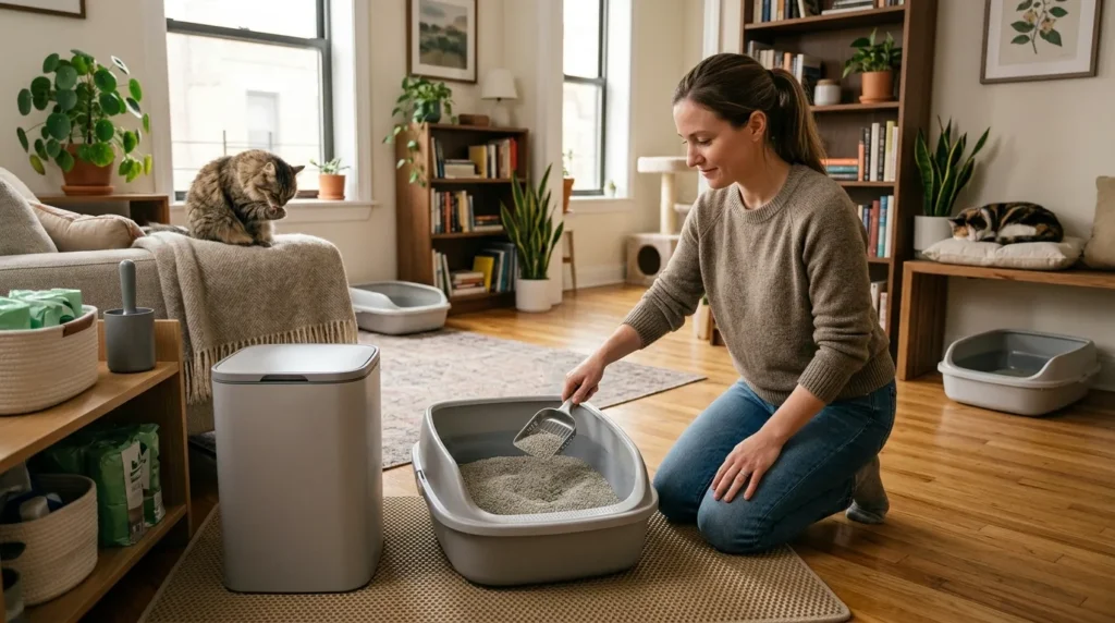 scoop litter box multiple cats — owner scooping one of three litter boxes in a multi-cat apartment with two cats visible in the background