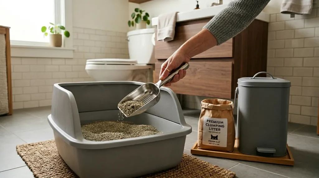 litter box scooping routine steps — owner demonstrating correct scooping technique with metal scoop sealed disposal bag and litter top-up beside a clean box
