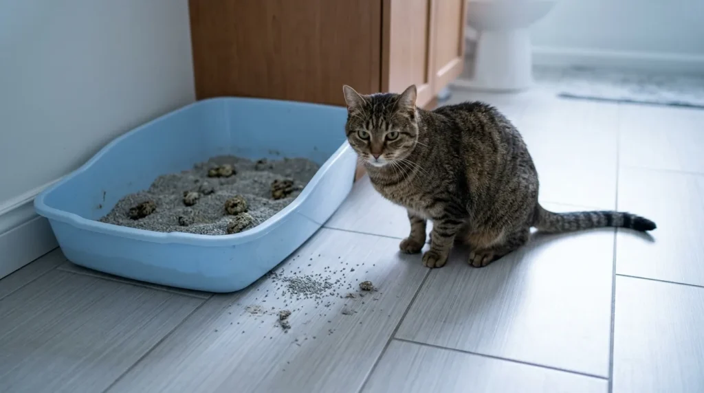 consequences of skipping litter box scooping — cat eliminating outside a dirty litter box on an apartment bathroom floor showing the result of infrequent scooping