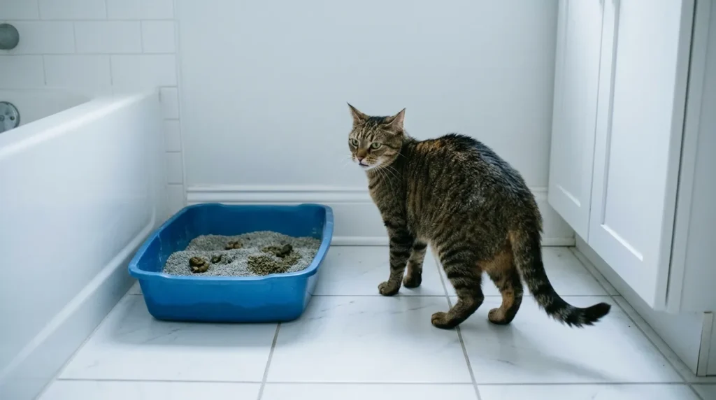 why scoop litter box daily — cat hesitating at a visibly dirty uncleaned litter box showing avoidance behavior