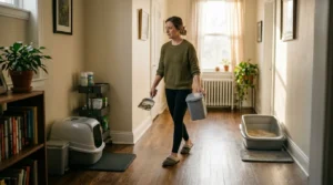 multi cat litter scooping routine — owner with metal scoop doing morning litter box maintenance across two boxes in different apartment rooms