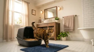 natural litter scooping frequency — cat stepping out of a litter box with natural corn or tofu litter showing correct maintenance setup