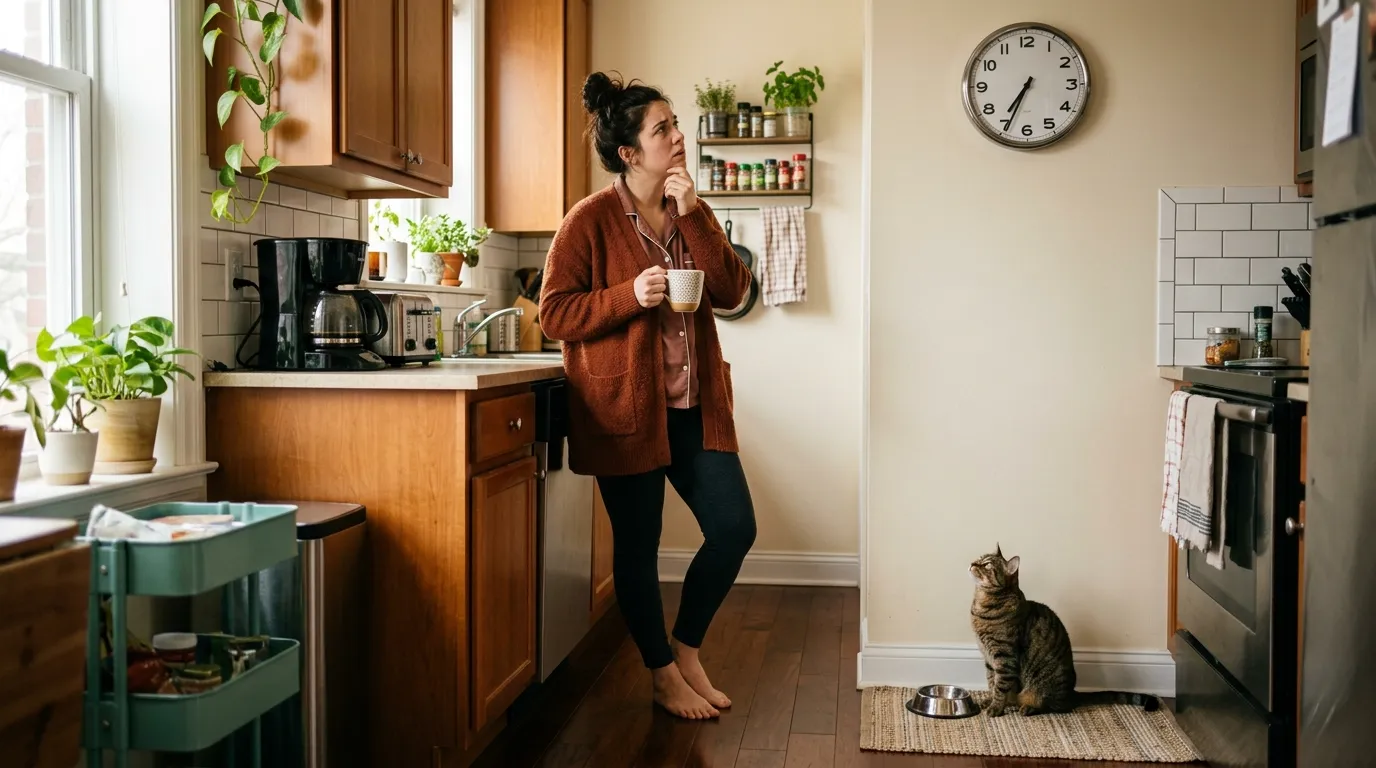 how often should I feed my indoor cat — owner looking at clock while cat sits by empty bowl in apartment kitchen