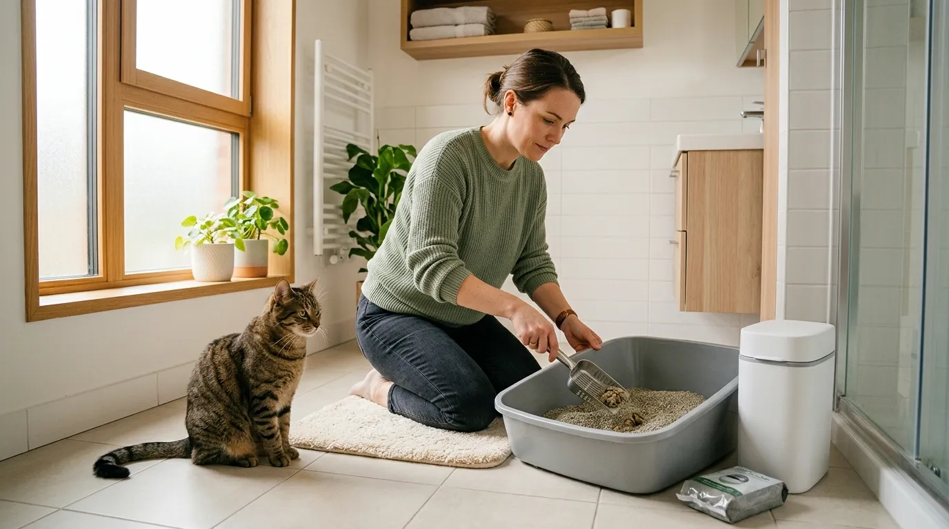 how often should you scoop litter box — owner scooping a clean litter box daily in a bright apartment bathroom with a satisfied cat watching nearby