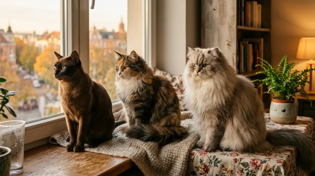 how often to brush indoor cat by coat type — short medium and long-haired cats sitting in apartment