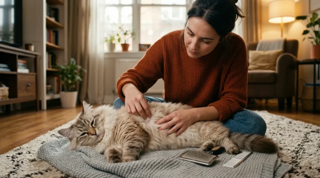  indoor cat brushing health benefits — owner inspecting cat skin during grooming session at home