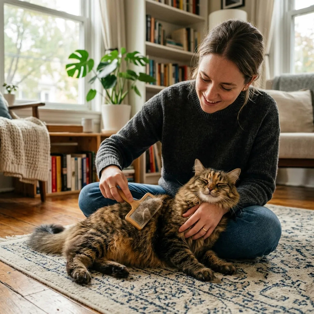how often to brush indoor cat — owner brushing relaxed tabby cat on apartment floor with slicker brush