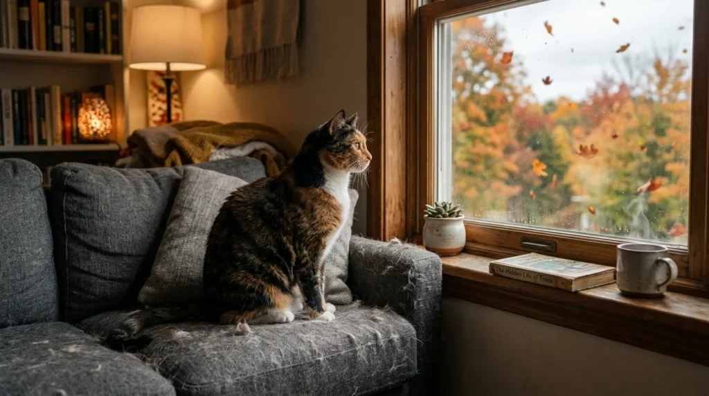 indoor cat year-round shedding — cat sitting on couch with visible fur in climate-controlled apartment