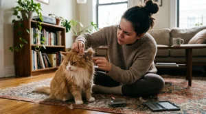 indoor cat matting mistake — owner trying to work out mat behind cat's ear after skipping brushing