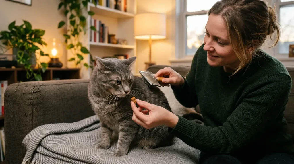 how to brush resistant indoor cat — owner using treat to reward cat during brushing session on couch