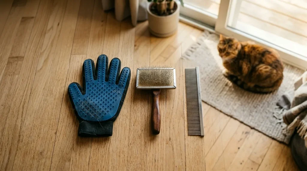 indoor cat brushing tools — rubber glove slicker brush and wide-tooth comb laid out in apartment