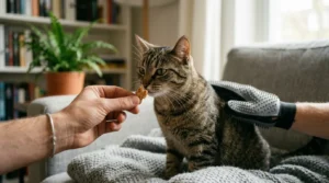 indoor cat brushing desensitization — treat distraction technique during grooming session