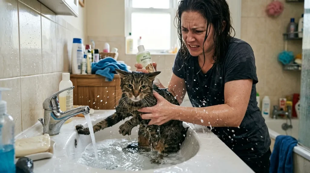 cat bath mistake — owner struggling to hold tense wet cat in sink without proper preparation