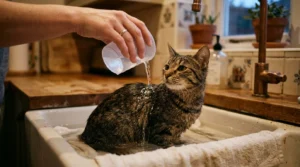 bathing cat using cup method — owner pouring lukewarm water gently over cat's back in shallow sink