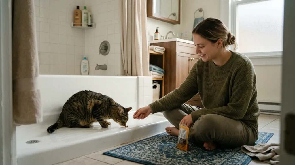 cat bath desensitization — owner offering treat to cat exploring dry bathtub during training session