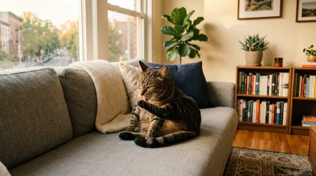 do indoor cats need baths — healthy tabby cat grooming itself on clean apartment couch