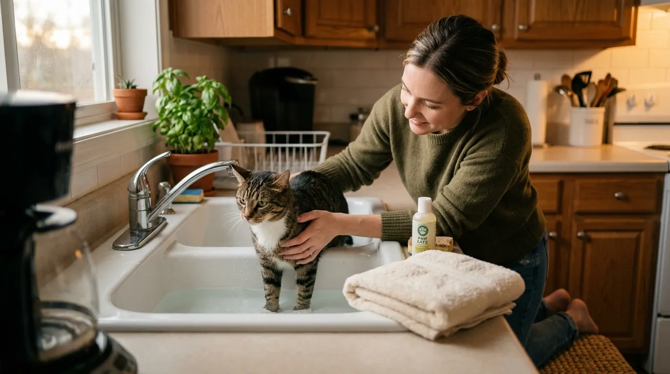 how to bathe a cat that hates water — owner gently bathing tabby cat in shallow sink water