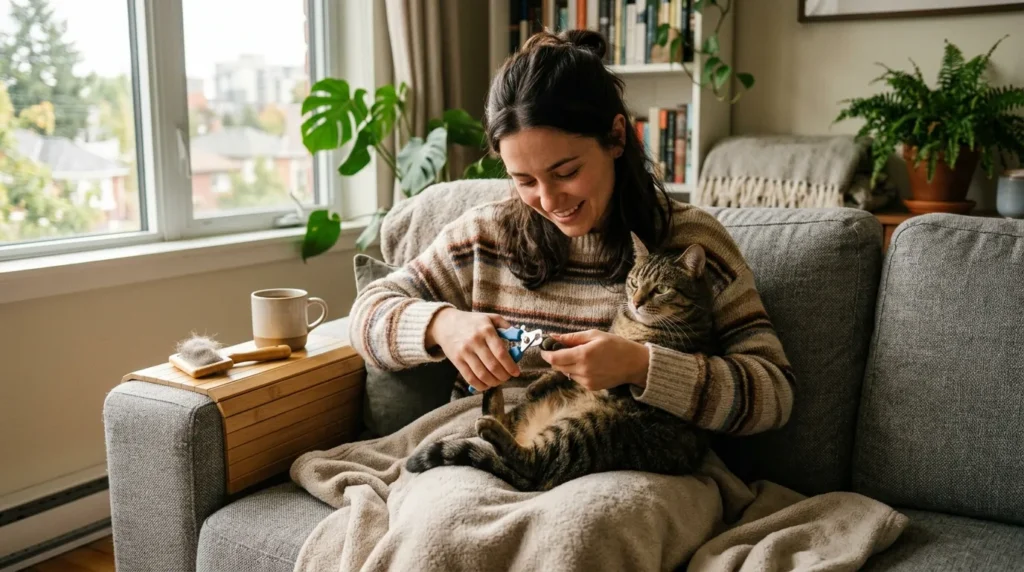 preparing cat for bath — owner trimming cat nails on couch day before bathing 