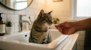 cat desensitization to sink — cat sitting calmly in dry sink accepting treat during training