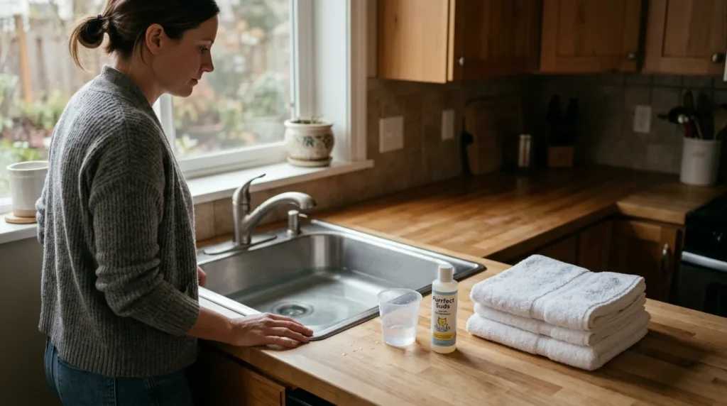 how to bathe a cat that hates water preparation — sink with water cup and shampoo ready before cat arrives