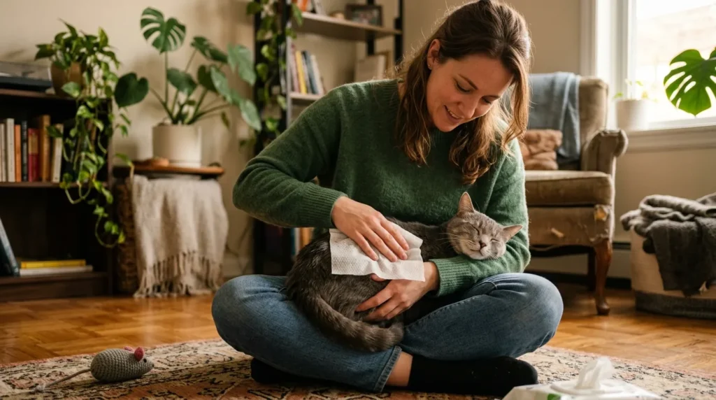 waterless cat bath alternatives — owner wiping gray cat with grooming wipe on apartment floor