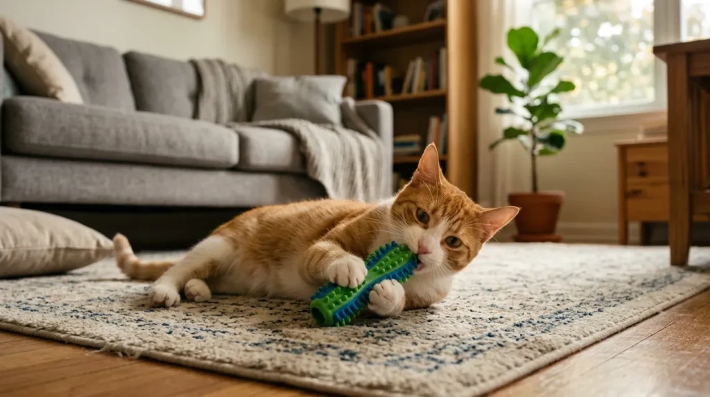 cat dental care alternatives — cat playing with dental chew toy as brushing supplement in apartment