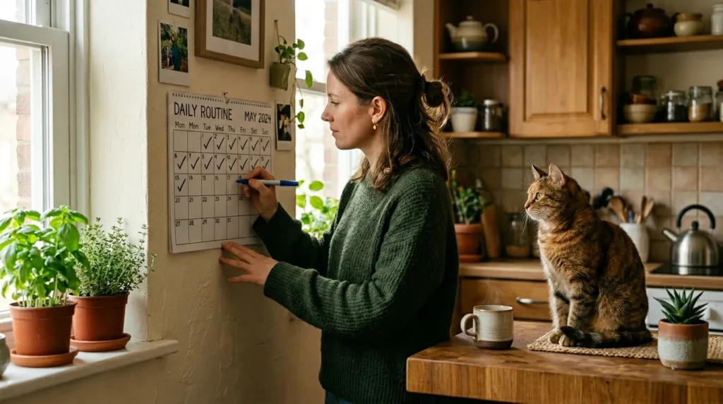 cat teeth brushing frequency — owner marking daily habit tracker on calendar with cat watching