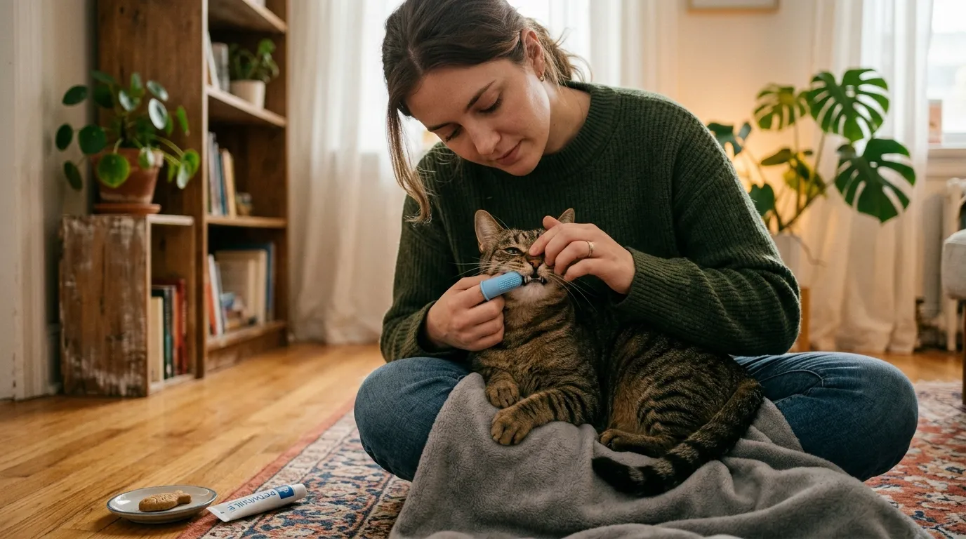 how to brush cat teeth at home — owner using finger brush on calm tabby cat on apartment floor